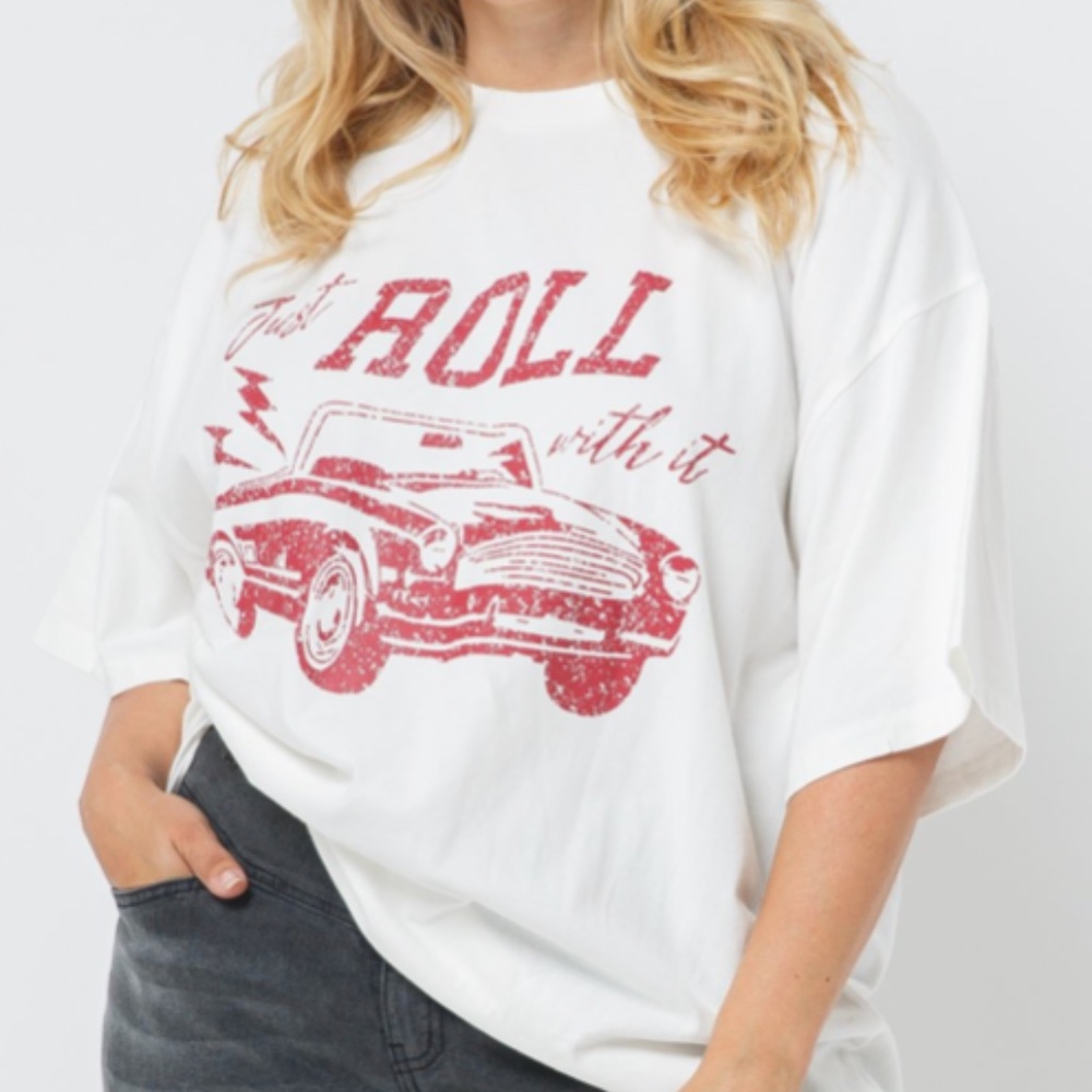 Rock and Roll Graphic Tee with Vintage Car Image
